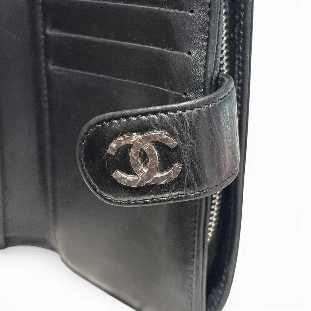 Chanel Black Lambskin Long Bifold Wallet Silver CC Snap Flap Zip Coin Pocket